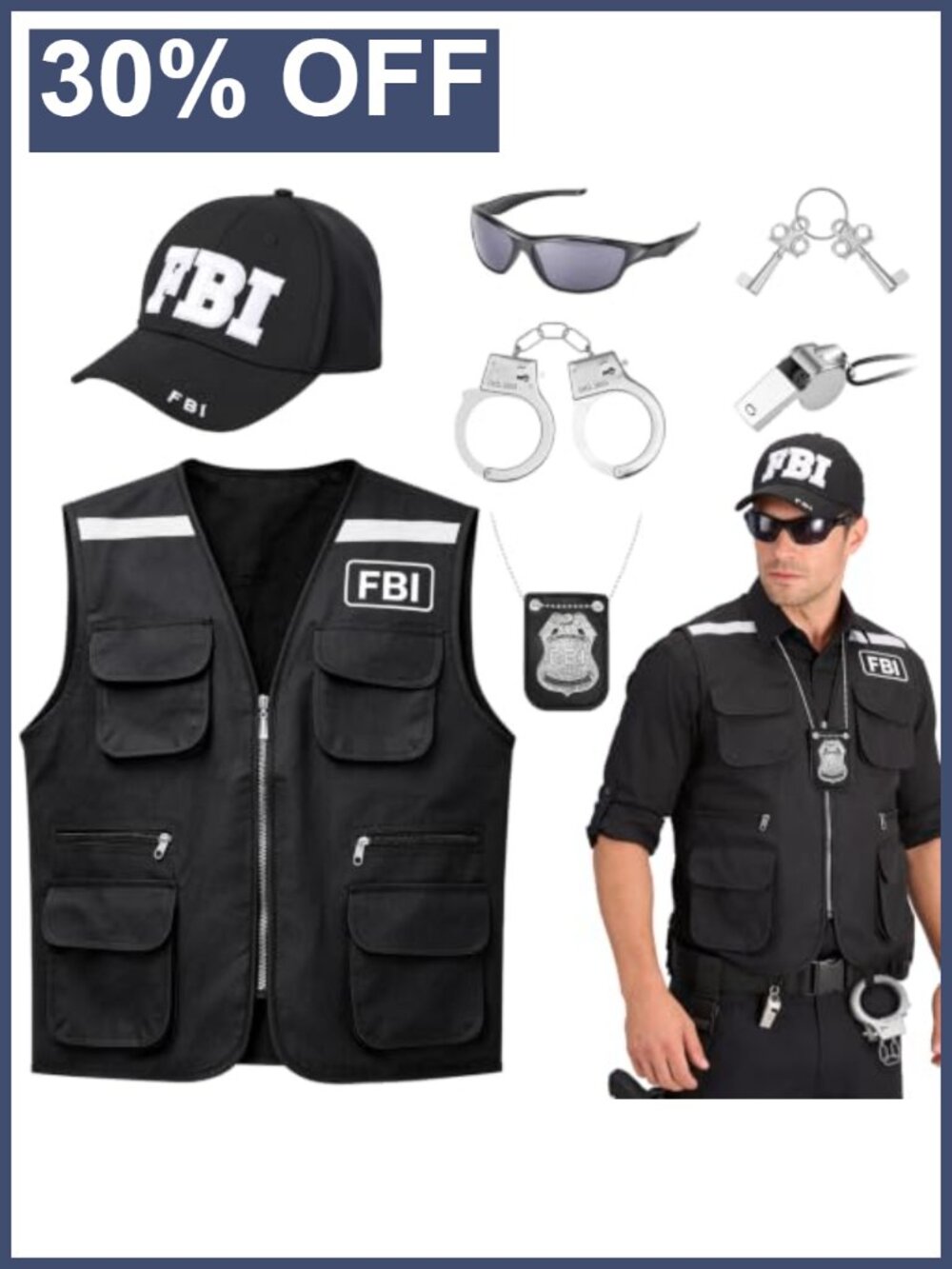 FBI Agent Costume Set 6 Piece Halloween Secret Service Vest with Cap Sunglasses